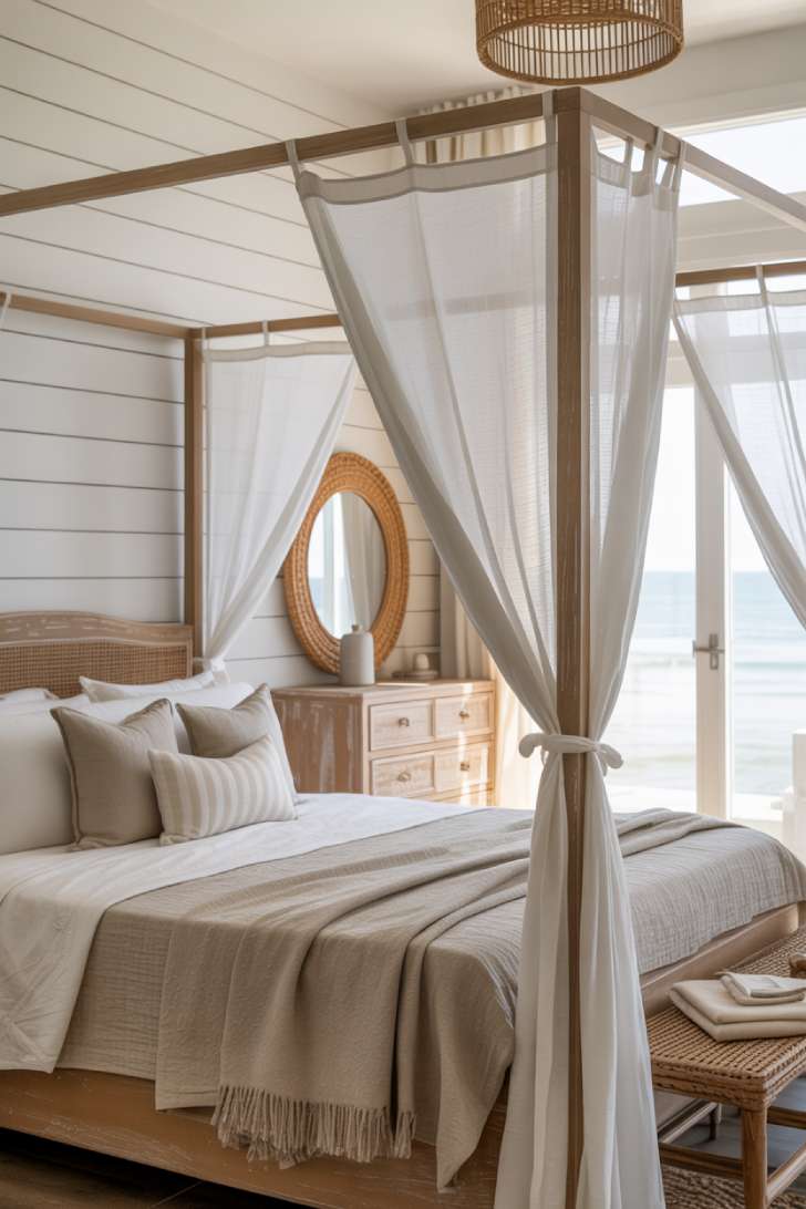 12 Neutral Coastal Bedroom Ideas for a Fresh, Calm Look 6 Neutral coastal bedroom with light wood four-poster bed, sheer canopy curtains, and ocean view.
