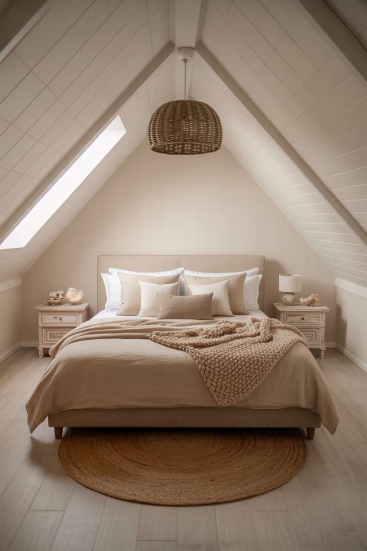 12 Neutral Coastal Bedroom Ideas for a Fresh, Calm Look 7 Cozy attic neutral coastal bedroom with sloped white ceiling, beige upholstered bed, and round jute rug.