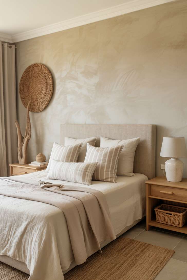12 Neutral Coastal Bedroom Ideas for a Fresh, Calm Look 8 Neutral coastal bedroom with sandy limewash wall, linen headboard, woven wall art, and oak nightstands.