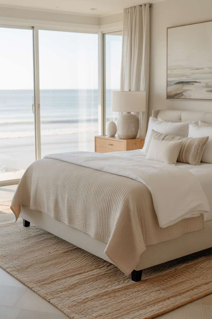 12 Neutral Coastal Bedroom Ideas for a Fresh, Calm Look 9 Spacious neutral coastal bedroom with panoramic ocean windows, white bedding, and pale woven rug.