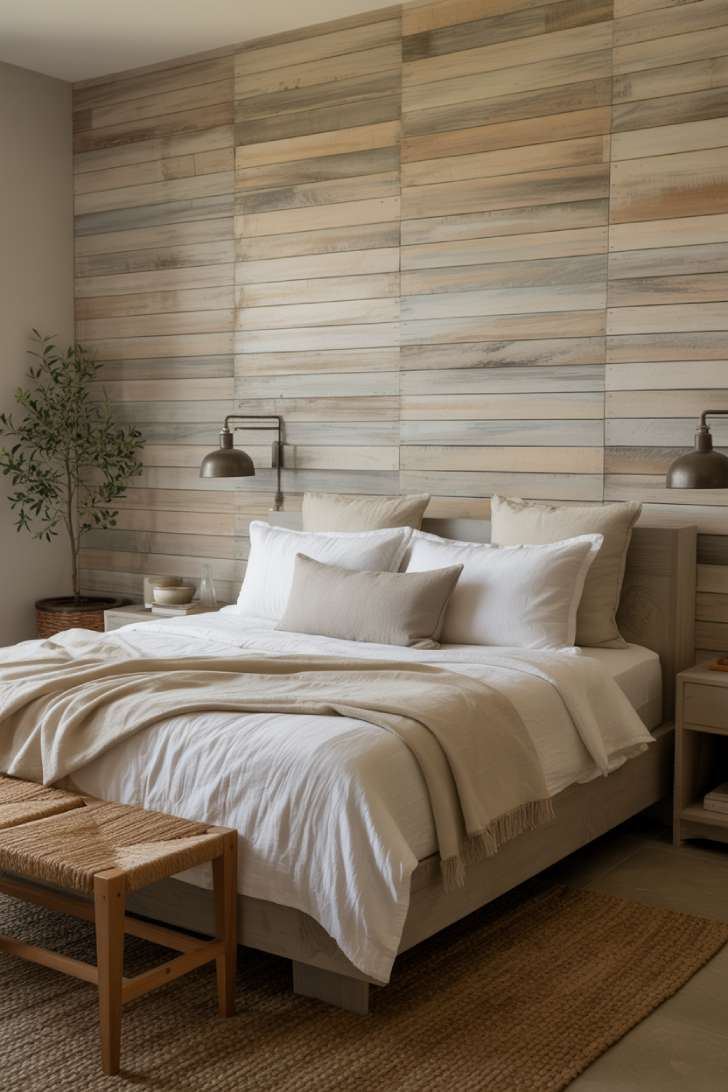 12 Neutral Coastal Bedroom Ideas for a Fresh, Calm Look 10 Neutral coastal bedroom with reclaimed driftwood accent wall, platform bed, jute rug, and olive tree.