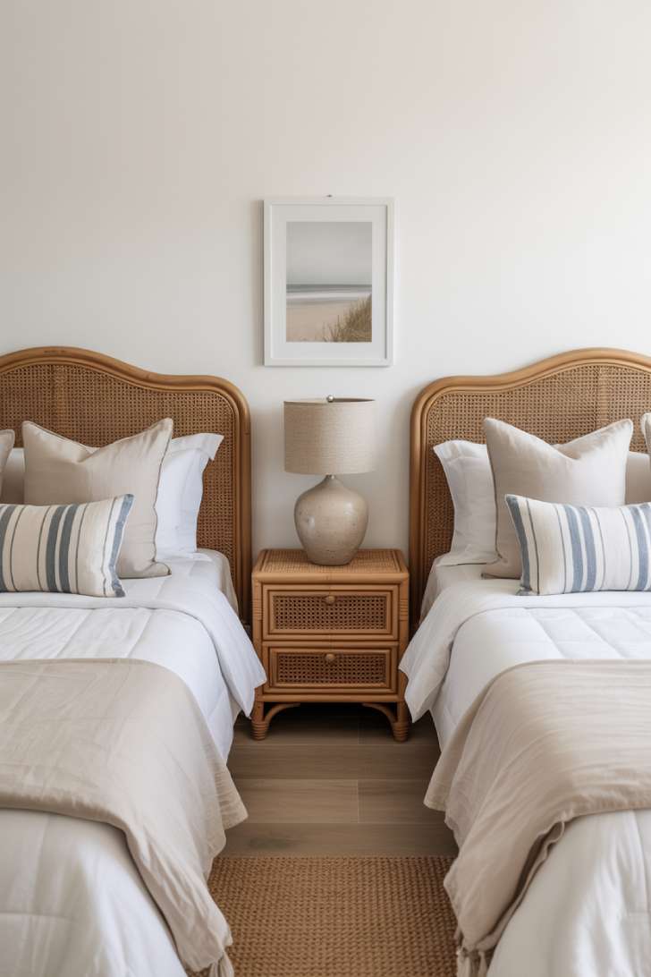 12 Neutral Coastal Bedroom Ideas for a Fresh, Calm Look 11 Neutral coastal guest bedroom with twin cane headboards, striped pillows, and shared rattan nightstand.
