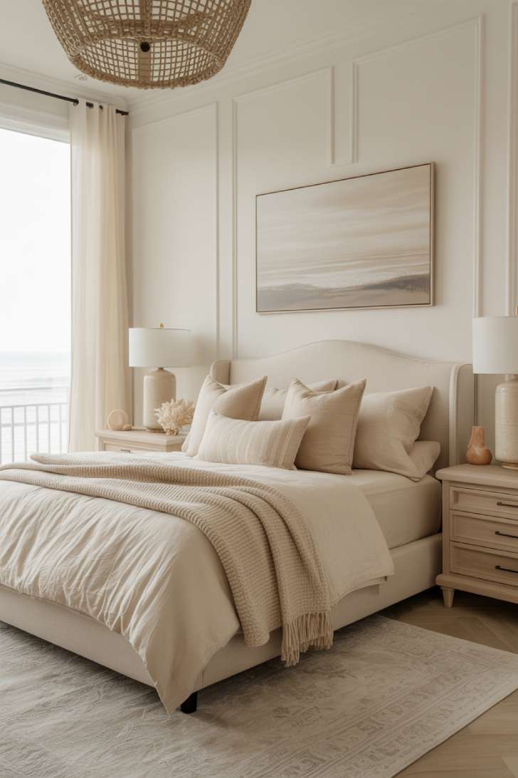 12 Neutral Coastal Bedroom Ideas for a Fresh, Calm Look 12 Luxurious neutral coastal master bedroom with large upholstered bed, woven chandelier, and sunrise light through tall windows.