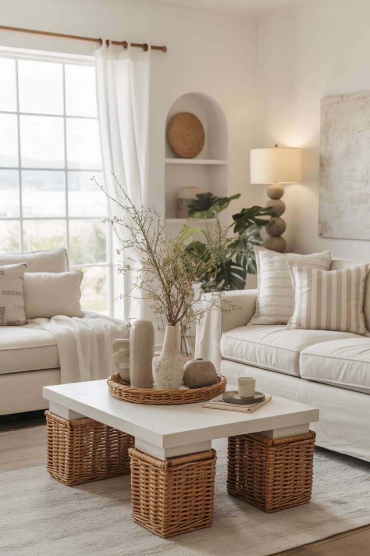 10 Fresh Neutral Coastal Living Room Decor Ideas 1 Coastal living room with white slipcovered sofa, rattan coffee table, and natural textures in warm whites and beiges