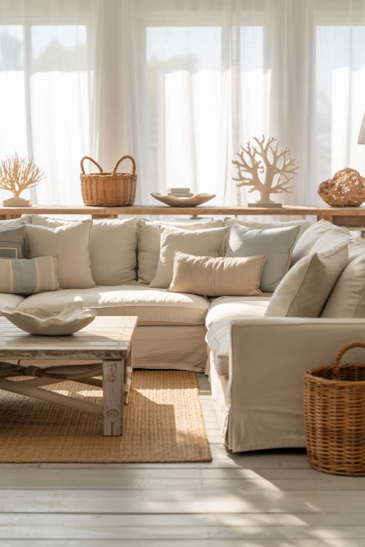 10 Fresh Neutral Coastal Living Room Decor Ideas 2 Frontal view of coastal living room with cream sectional, driftwood coffee table, jute rugs, and sheer white curtains