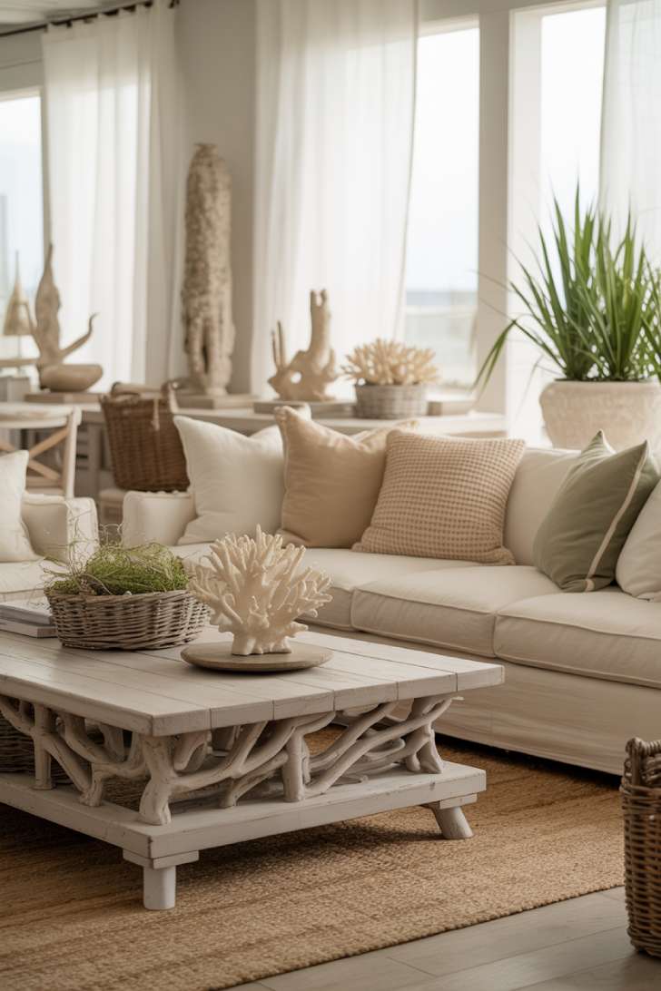 10 Fresh Neutral Coastal Living Room Decor Ideas 3 Coastal living room with cream sectional, sage green and sand-toned pillows, driftwood coffee table, and sheer curtains