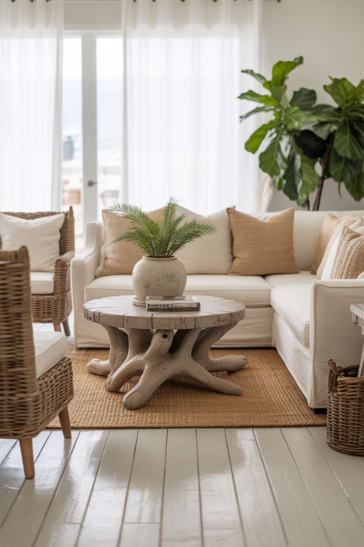 10 Fresh Neutral Coastal Living Room Decor Ideas 5 Coastal living room with cream sectional, rattan accent chairs, fiddle leaf fig, and whitewashed hardwood floors