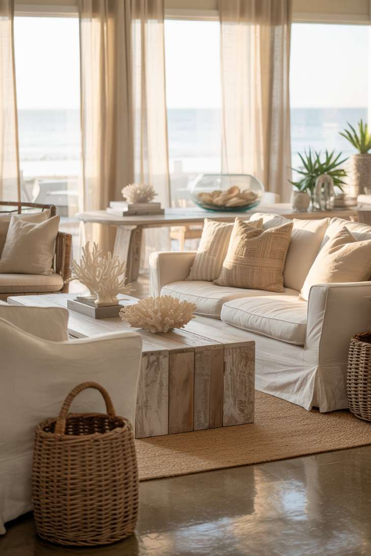 10 Fresh Neutral Coastal Living Room Decor Ideas 6 Serene coastal living room with linen sofa, weathered wood coffee table, coral sculptures, and sheer curtains