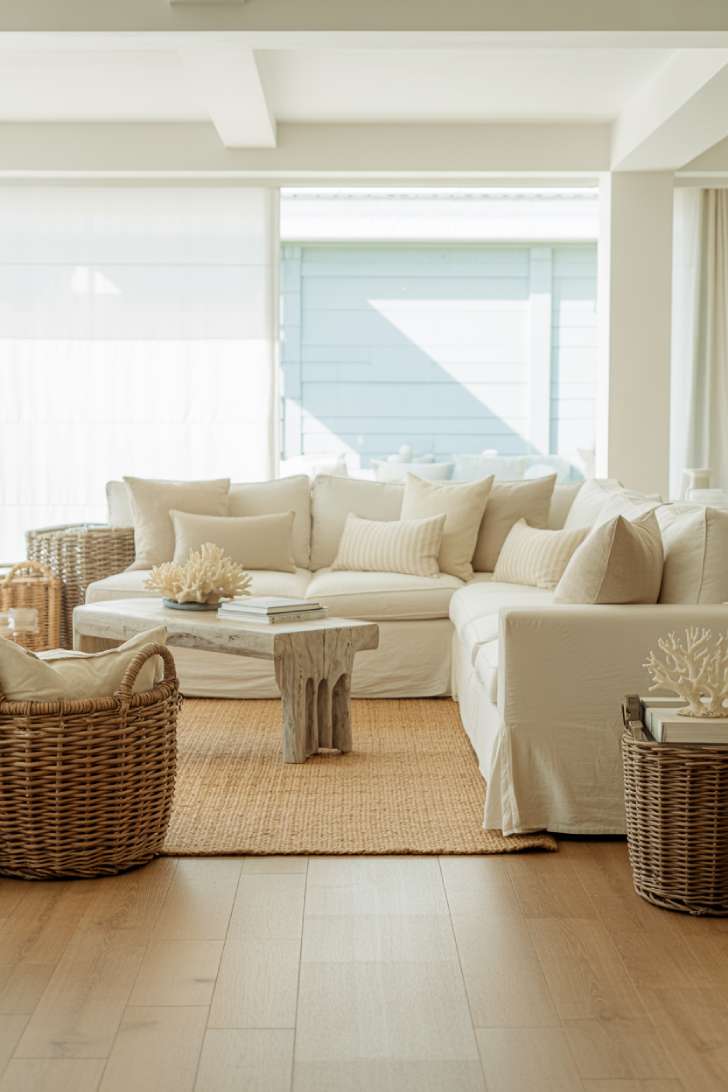 10 Fresh Neutral Coastal Living Room Decor Ideas 8 Bright coastal living room with cream sectional, pale blue accent wall, jute rugs, and large windows