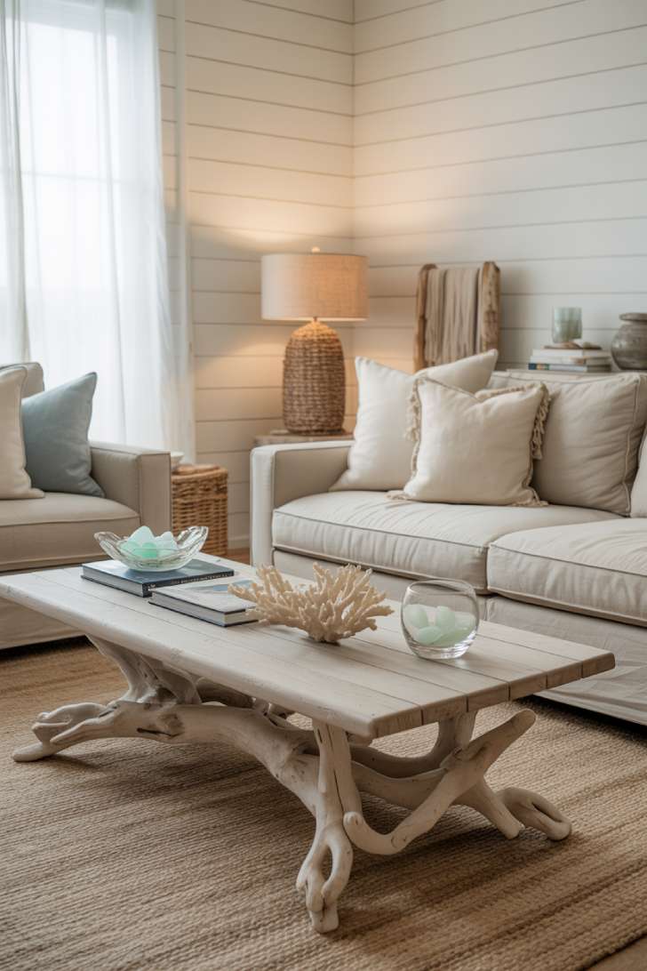 10 Fresh Neutral Coastal Living Room Decor Ideas 9 Coastal living room with beige linen sofa, white shiplap walls, driftwood coffee table, jute rug, and rope-wrapped table lamp