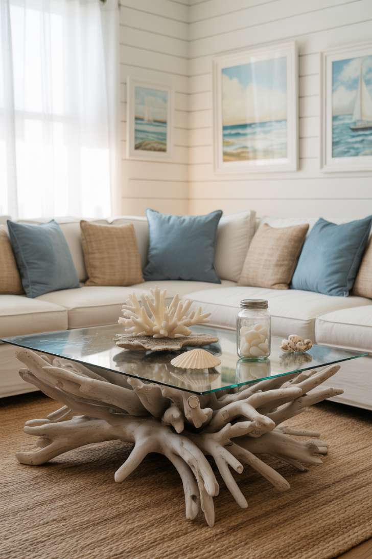 10 Fresh Neutral Coastal Living Room Decor Ideas 10 Coastal living room with cream sectional, driftwood and glass coffee table, white shiplap walls, framed ocean artwork, and jute rugs