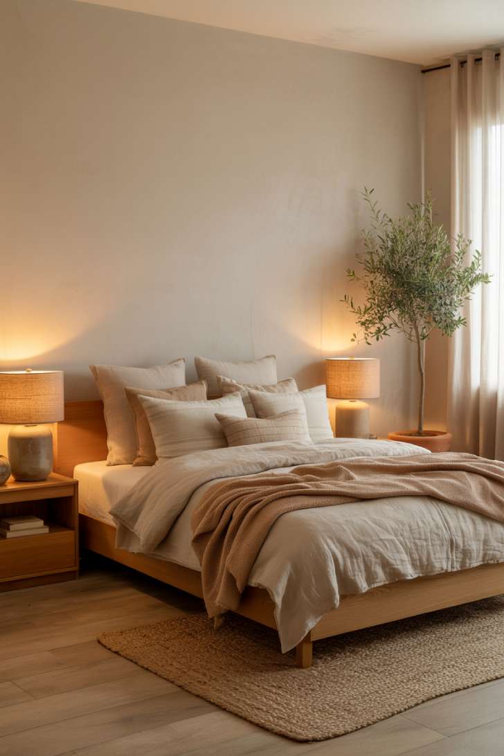 11 Neutral Earthy Bedroom Ideas That Feel Warm and Grounded 1 Cozy neutral earthy bedroom with beige plaster walls, oak platform bed, layered linen bedding, jute rug, and olive tree in terracotta pot.