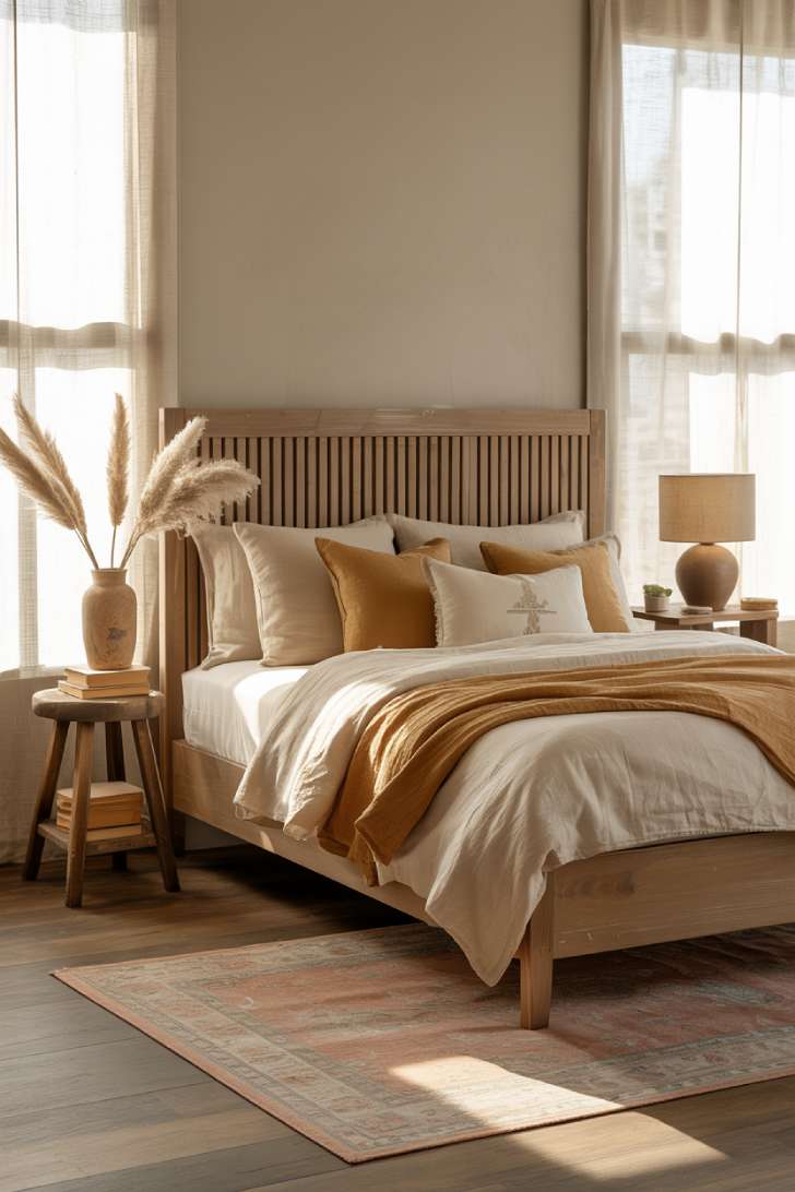 11 Neutral Earthy Bedroom Ideas That Feel Warm and Grounded 2 Earthy bedroom with reclaimed wood bed, greige wall, layered ivory and olive linen bedding, vintage rug, and pampas grass.