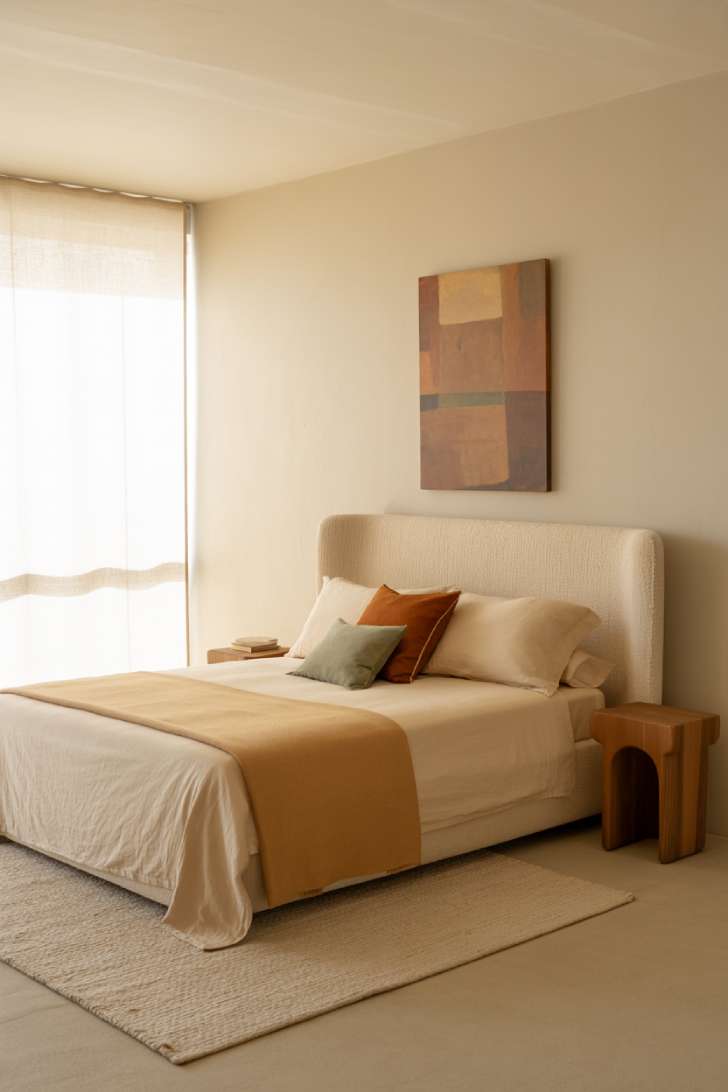 11 Neutral Earthy Bedroom Ideas That Feel Warm and Grounded 3 Minimalist earthy bedroom with oatmeal upholstered bed, ivory and camel bedding, abstract art, and curved wooden nightstands.