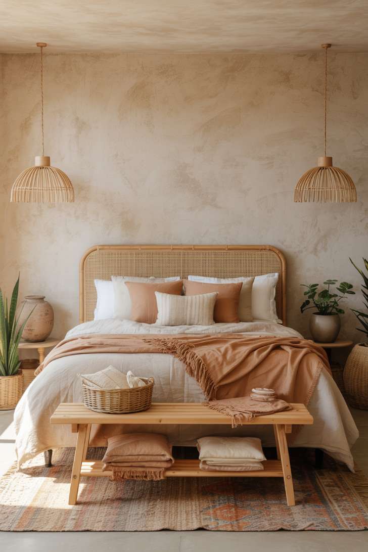11 Neutral Earthy Bedroom Ideas That Feel Warm and Grounded 4 Boho-inspired neutral earthy bedroom with limewash walls, rattan headboard, layered linen bedding, jute and kilim rugs.