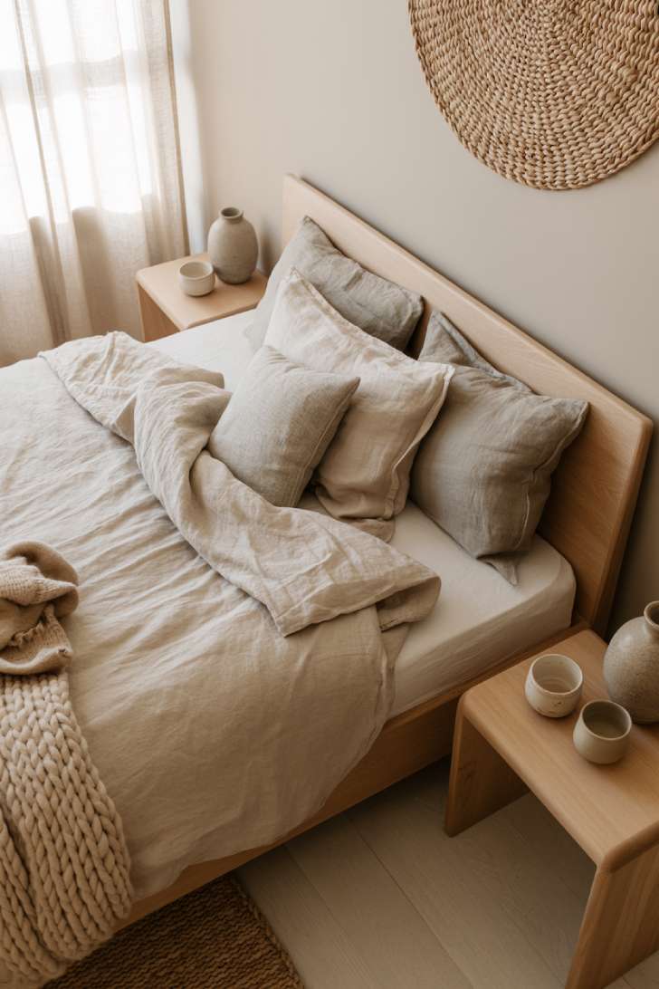 11 Neutral Earthy Bedroom Ideas That Feel Warm and Grounded 6 Scandinavian-inspired neutral earthy bedroom with pale wood floors, light oak bed, linen bedding, and woven wall hanging.