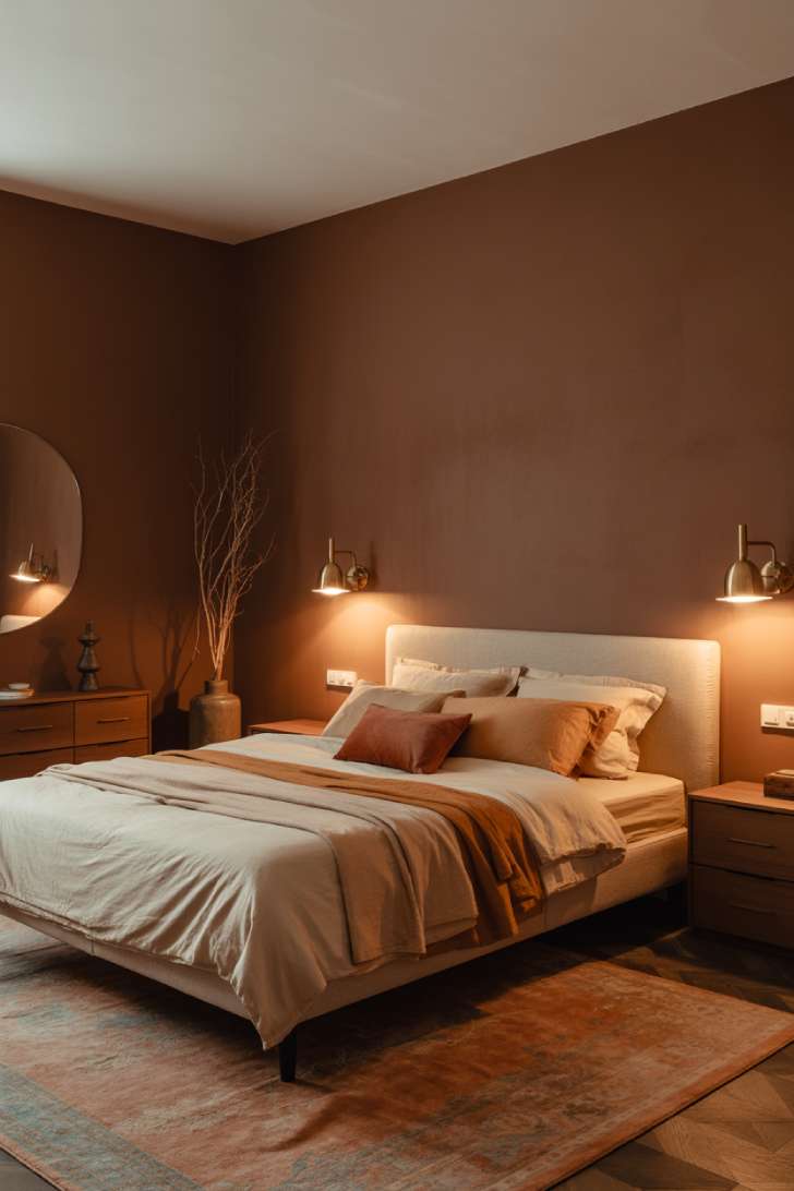 11 Neutral Earthy Bedroom Ideas That Feel Warm and Grounded 7 Cozy earthy bedroom with deep clay walls, upholstered beige bed, brass sconces, and vintage terracotta rug.