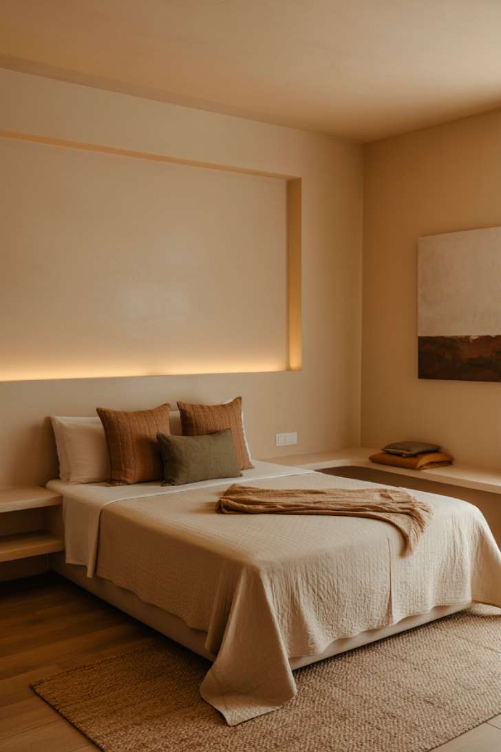 11 Neutral Earthy Bedroom Ideas That Feel Warm and Grounded 9 Contemporary earthy bedroom with built-in wood headboard, floating shelves, sand quilt, and recessed lighting.