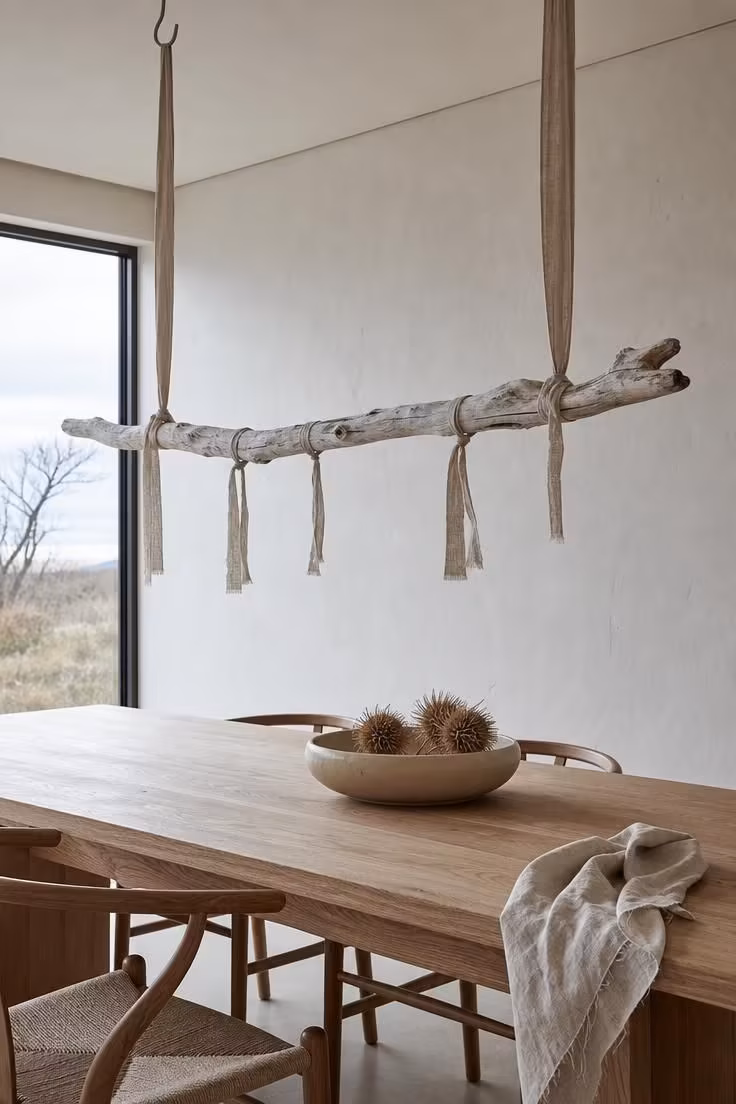 13 Soft Neutral Fall Decor Ideas for a Quiet Autumn Home 1 Bleached driftwood branch hung above a dining table with linen ribbon as neutral fall decor