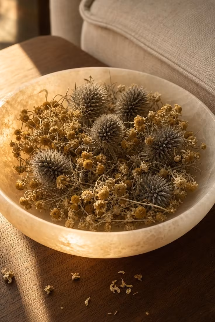 13 Soft Neutral Fall Decor Ideas for a Quiet Autumn Home 2 Shallow alabaster bowl filled with dried chamomile and thistle as neutral fall decor on a coffee table