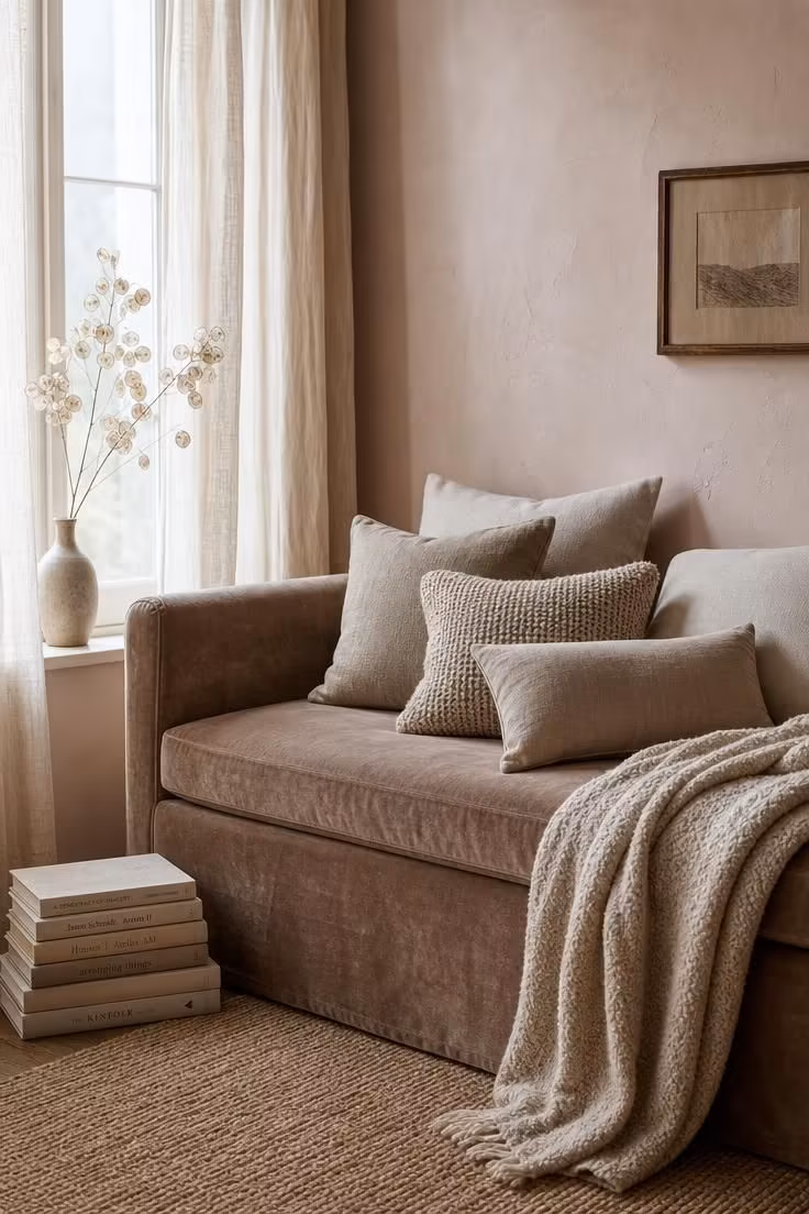 13 Soft Neutral Fall Decor Ideas for a Quiet Autumn Home 4 Mushroom velvet daybed with raw silk and knit cushions in neutral tones for fall decor