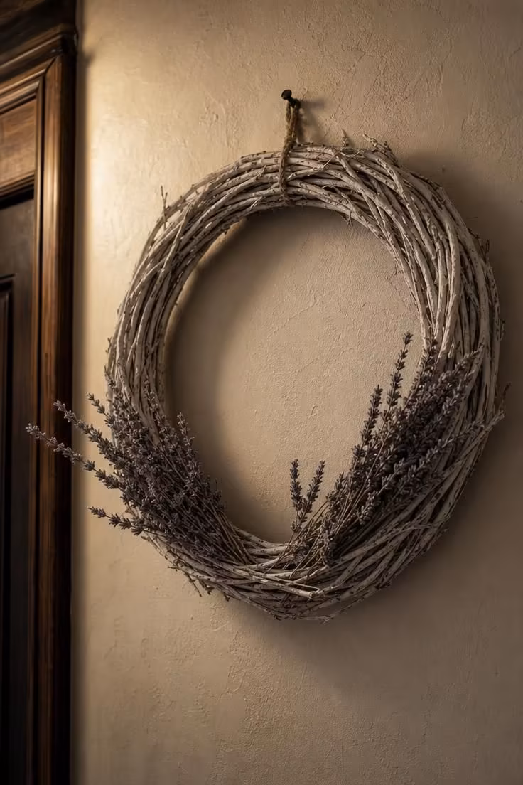 13 Soft Neutral Fall Decor Ideas for a Quiet Autumn Home 5 Whitewashed twig wreath with dried lavender sprigs hanging on a plaster wall for neutral fall decor
