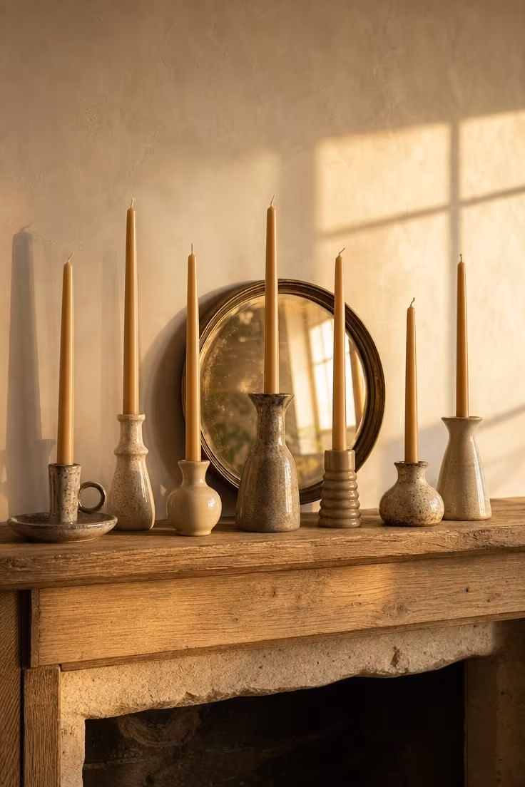 13 Soft Neutral Fall Decor Ideas for a Quiet Autumn Home 6 Row of sand-colored taper candles in ceramic holders on an oak mantel as neutral fall decor
