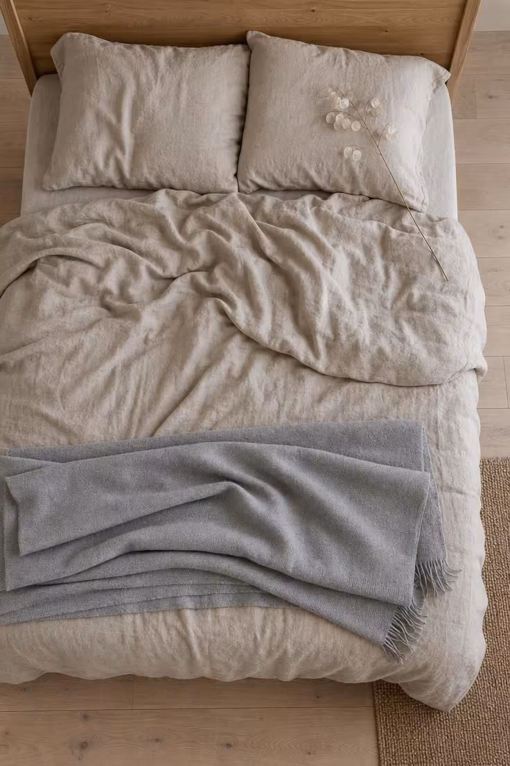 13 Soft Neutral Fall Decor Ideas for a Quiet Autumn Home 7 Flax linen bedspread with pale dove cashmere blanket as neutral fall bedroom decor