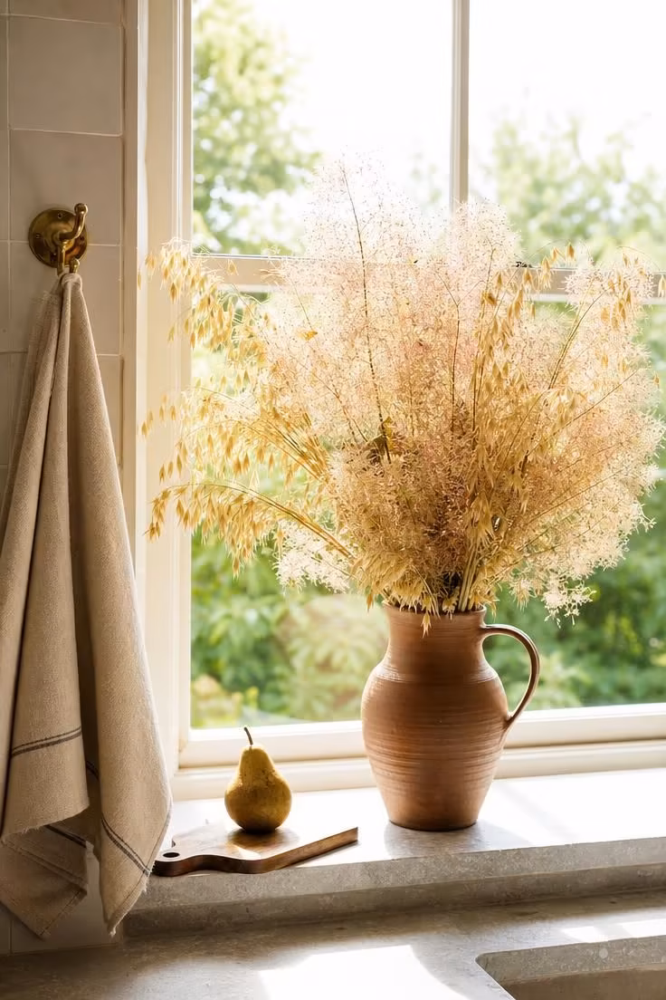 13 Soft Neutral Fall Decor Ideas for a Quiet Autumn Home 8 Ceramic pitcher with dried oat grass and smoke bush on a kitchen windowsill for neutral fall decor