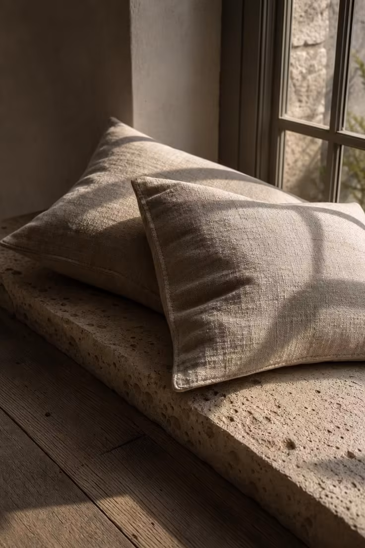 13 Soft Neutral Fall Decor Ideas for a Quiet Autumn Home 10 Oatmeal linen pillow covers on a stone bench by a window as simple neutral fall decor