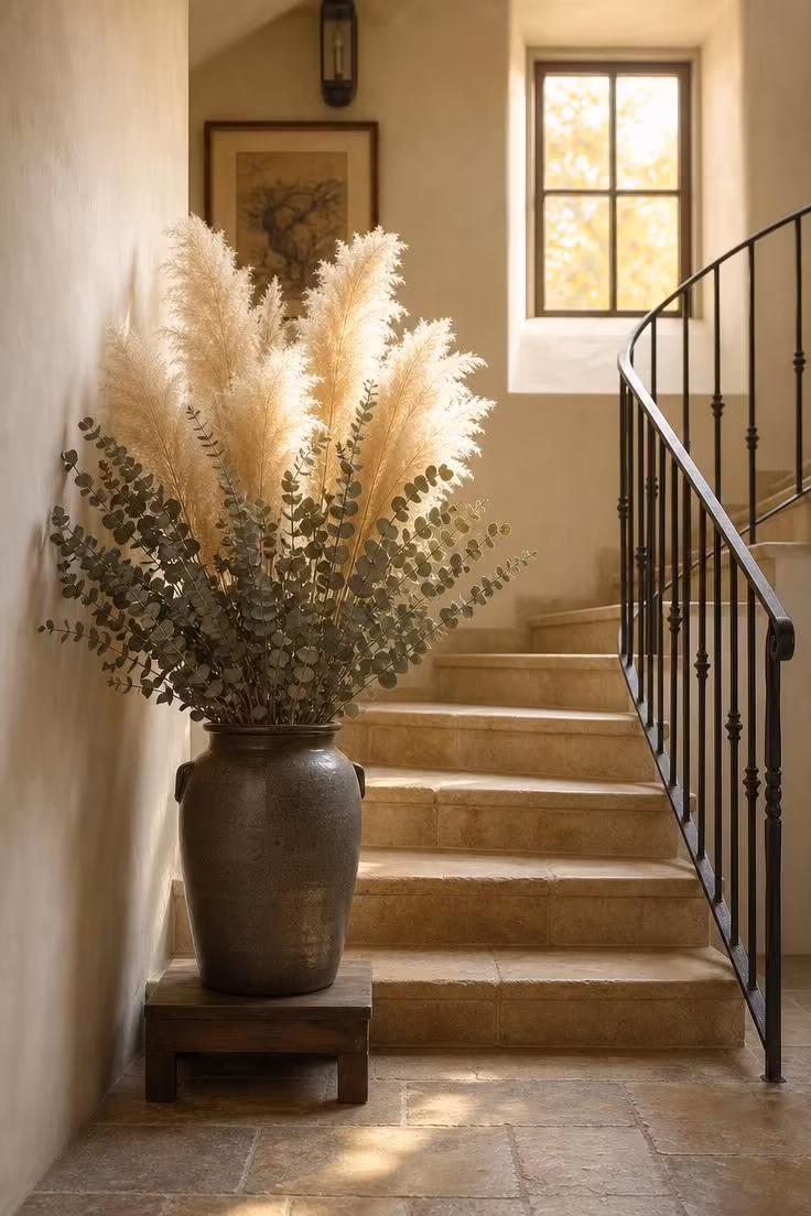 13 Soft Neutral Fall Decor Ideas for a Quiet Autumn Home 11 Tall stoneware crock with dried eucalyptus and reed plumes on a staircase landing as neutral fall decor