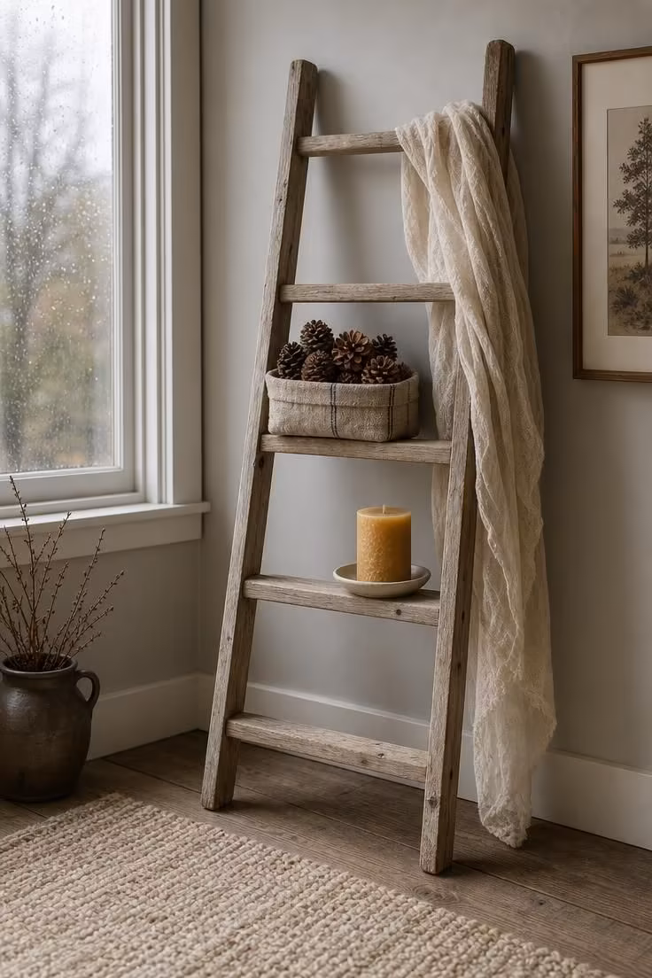 13 Soft Neutral Fall Decor Ideas for a Quiet Autumn Home 12 Gauze-draped ladder shelf with pinecones and beeswax candle as neutral fall decor display