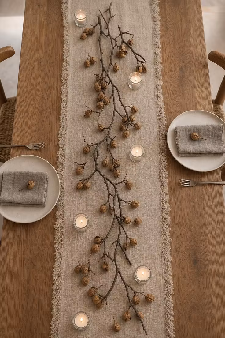 13 Soft Neutral Fall Decor Ideas for a Quiet Autumn Home 13 Linen table runner with dried fig branches and cream tealights for a neutral fall dining table