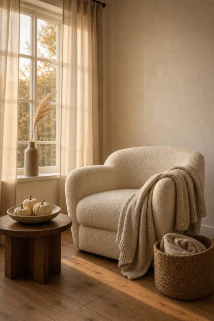 13 Soft Neutral Fall Decor Ideas for a Quiet Autumn Home Neutral fall living room with cream boucle chair, knit throw, and small pumpkins in warm golden light