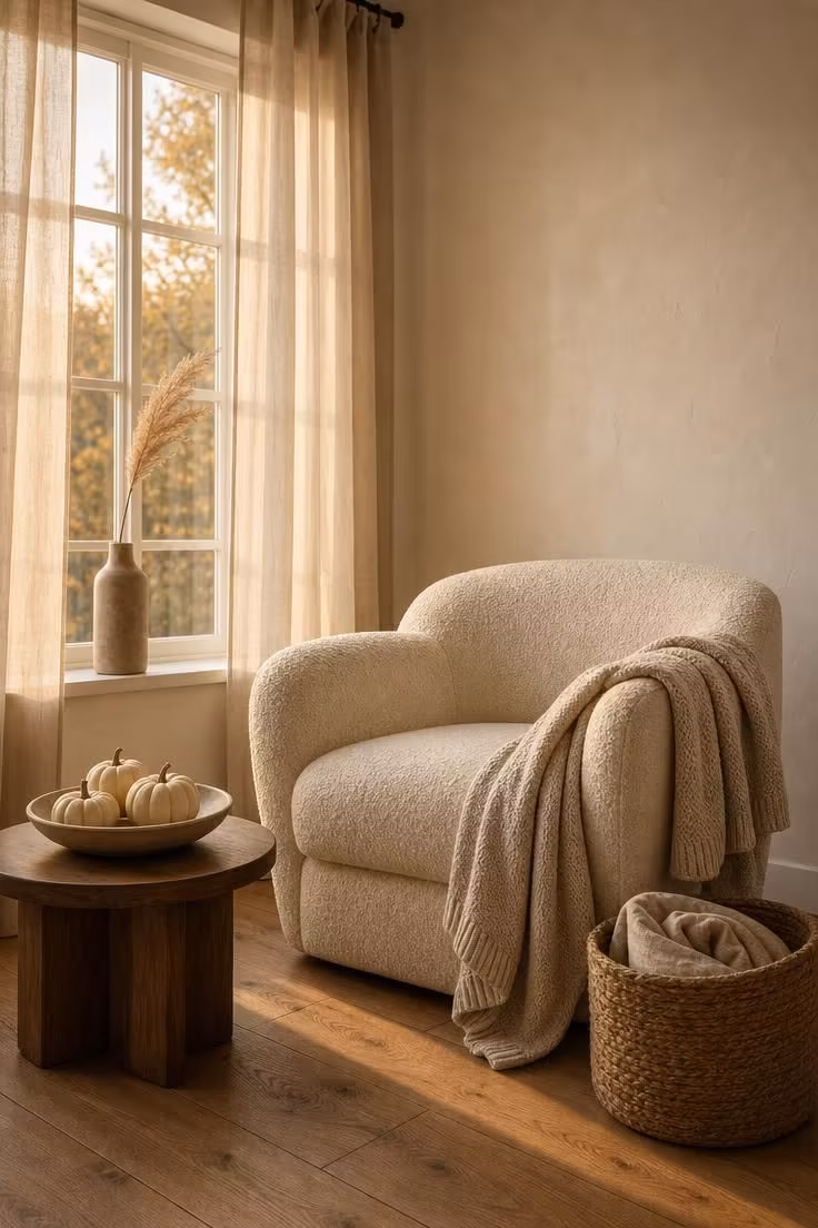 Simple Spaces 15 Neutral fall living room with cream boucle chair, knit throw, and small pumpkins in warm golden light