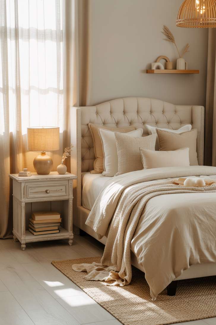 12 Lovely Neutral Girls Bedroom Ideas for a Calm, Cozy Style 1 Ivory tufted linen bed with chunky knit throw in a warm greige girls bedroom