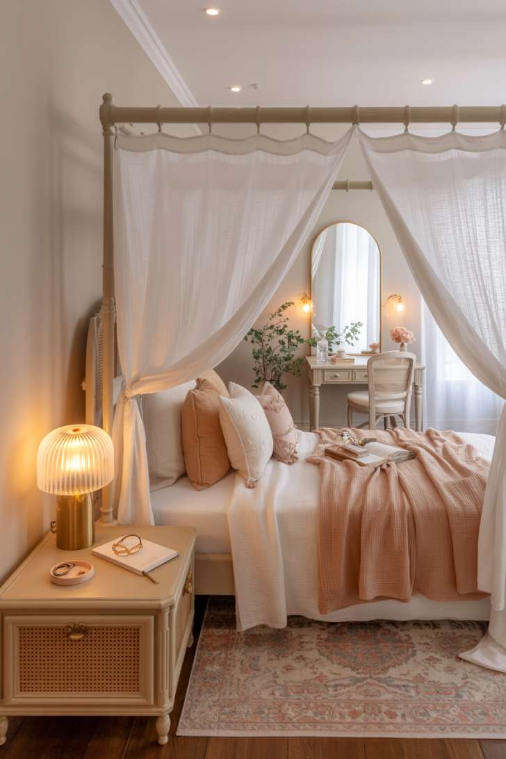 12 Lovely Neutral Girls Bedroom Ideas for a Calm, Cozy Style 2 White canopy bed with sheer gauze curtains and Persian-style rug in a cozy neutral bedroom
