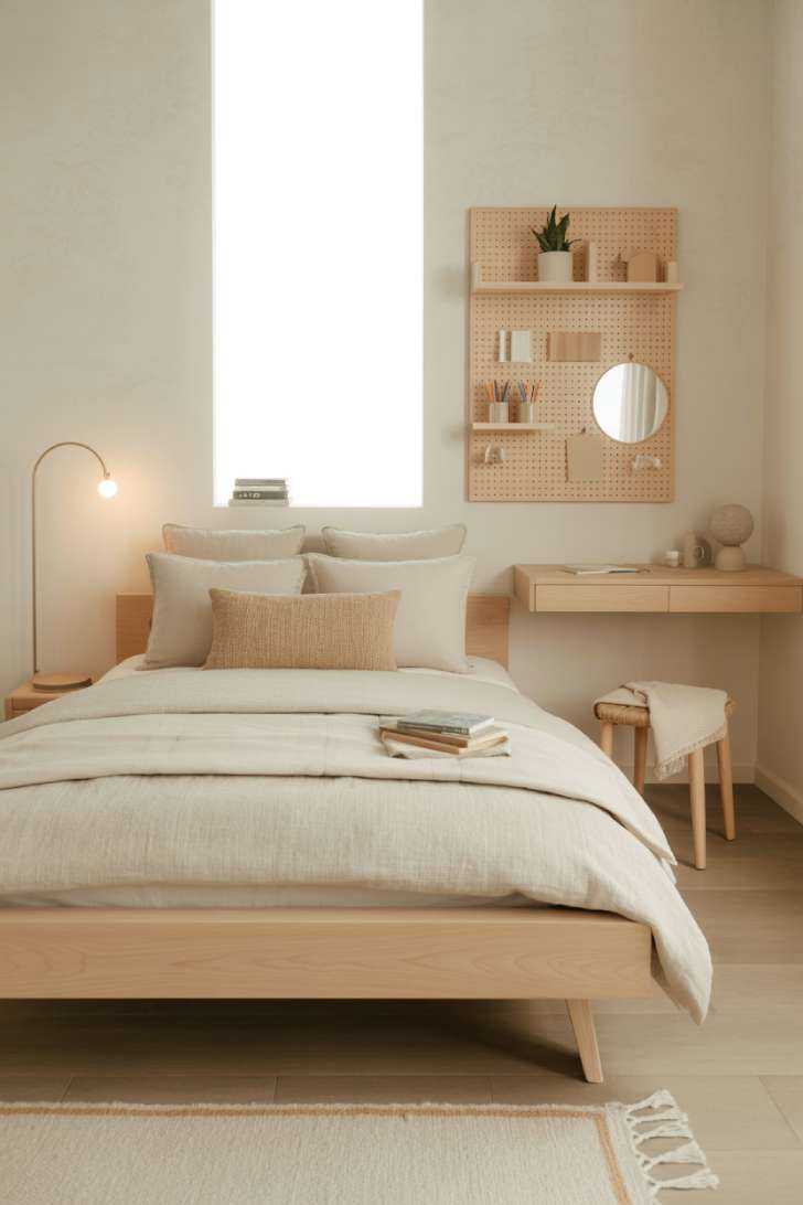 12 Lovely Neutral Girls Bedroom Ideas for a Calm, Cozy Style 3 Low-profile ash wood platform bed in a Scandinavian minimalist girls bedroom with birch pegboard
