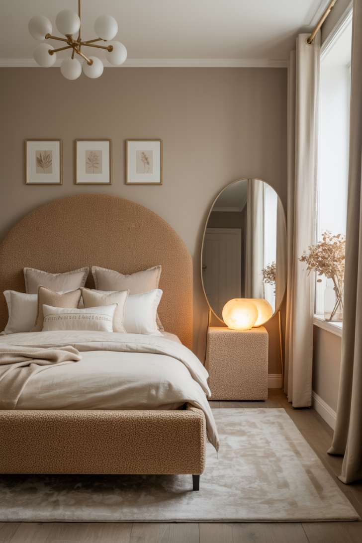 12 Lovely Neutral Girls Bedroom Ideas for a Calm, Cozy Style 5 Dramatic high arched boucle headboard bed in a putty-toned girls bedroom with round floor mirror and gold chandelier