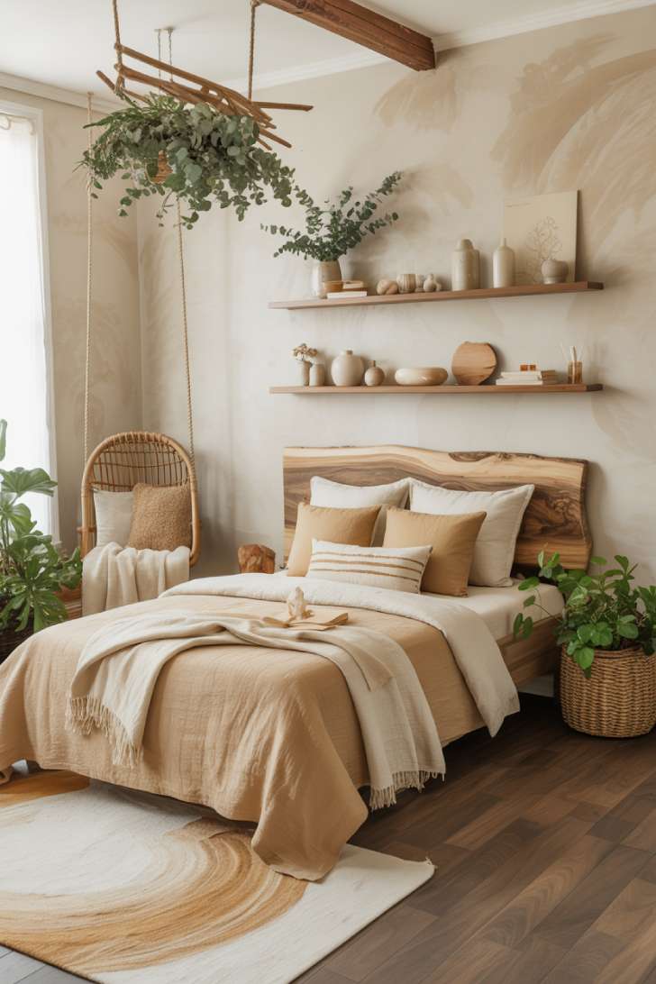 12 Lovely Neutral Girls Bedroom Ideas for a Calm, Cozy Style 6 Live-edge wood headboard bed with limewash walls and rattan hanging chair in a nature-inspired neutral bedroom