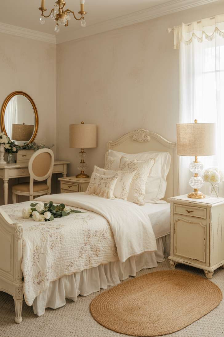 12 Lovely Neutral Girls Bedroom Ideas for a Calm, Cozy Style 7 Carved white French country bed with crystal lamps and embroidered duvet in a romantic neutral girls bedroom