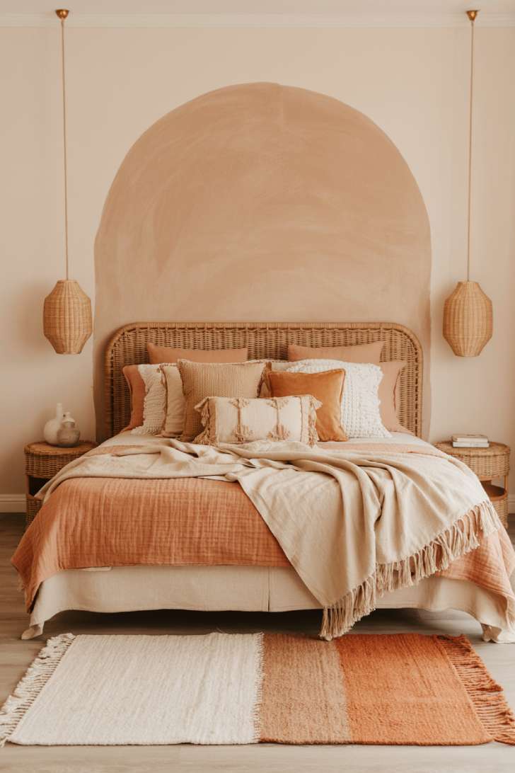 12 Lovely Neutral Girls Bedroom Ideas for a Calm, Cozy Style 8 Rattan headboard bed with painted arch wall detail and layered kilim and shag rugs in a boho neutral girls bedroom