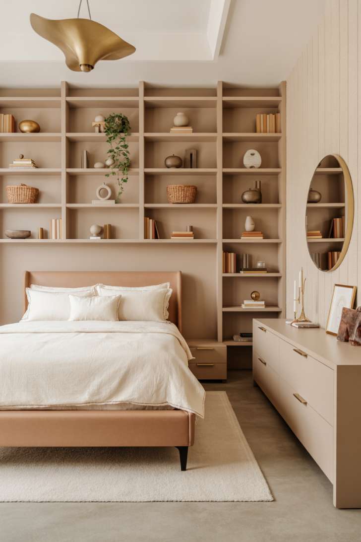 12 Lovely Neutral Girls Bedroom Ideas for a Calm, Cozy Style 9 Modern sleigh bed in greige with floor-to-ceiling built-in shelving and Berber wool rug in a contemporary neutral bedroom