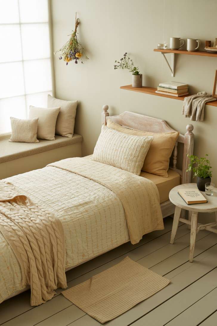12 Lovely Neutral Girls Bedroom Ideas for a Calm, Cozy Style 10 Whitewashed spindle-post pine bed with hand-stitched cream quilt and built-in window seat in a cottagecore neutral girls bedroom