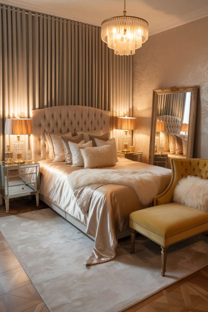 12 Lovely Neutral Girls Bedroom Ideas for a Calm, Cozy Style 11 Oversized tufted ivory velvet headboard with crystal chandelier and champagne velvet drapes in a glamorous neutral girls bedroom