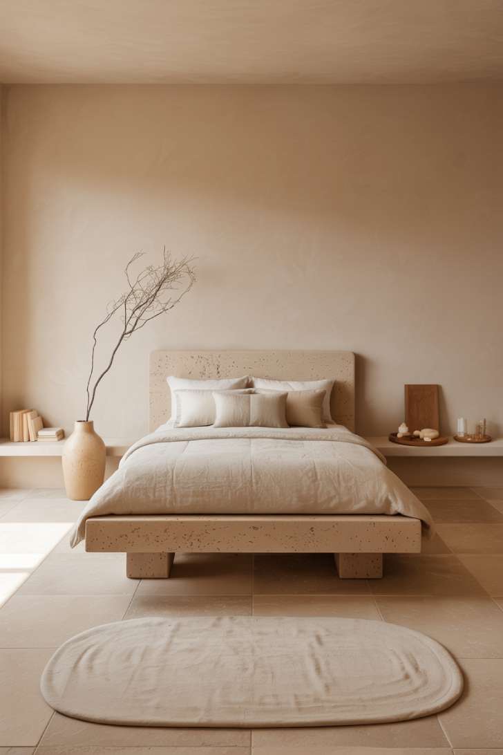 12 Lovely Neutral Girls Bedroom Ideas for a Calm, Cozy Style 12 Travertine platform bed with Venetian plaster walls and natural pampas floor vase in a spa-like minimalist neutral girls bedroom