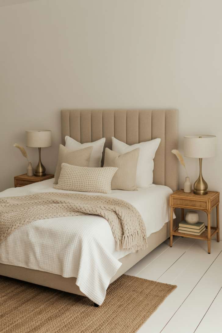 11 Charming Neutral Guest Bedroom Ideas for Warm Welcomes 1 A serene neutral guest bedroom with a tufted linen headboard, white cotton bedding, rattan nightstands, and soft morning light through sheer curtains