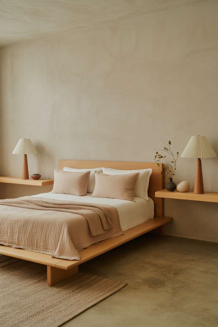 11 Charming Neutral Guest Bedroom Ideas for Warm Welcomes 2 A Japandi-style guest bedroom with a low oak platform bed, limewash plaster walls, polished concrete floors, and a handwoven flat-weave rug