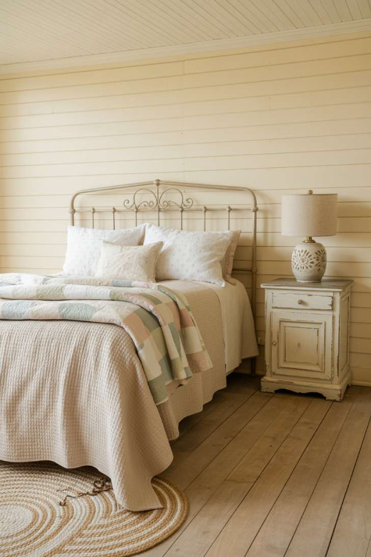 11 Charming Neutral Guest Bedroom Ideas for Warm Welcomes 3 A cottage-style guest bedroom with a wrought iron bed, eyelet duvet, shiplap walls, and dried lavender in a mason jar