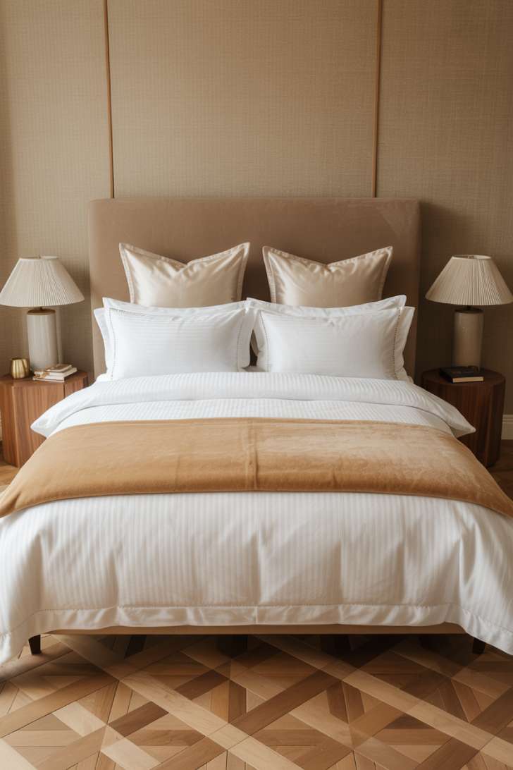 11 Charming Neutral Guest Bedroom Ideas for Warm Welcomes 4 A hotel-inspired guest bedroom with a floor-to-ceiling velvet headboard, all-white sateen bedding, herringbone parquet floors, and warm ambient lighting